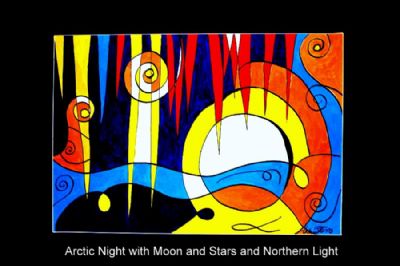Arctic Night. Moon. Stars. Northern Ligh